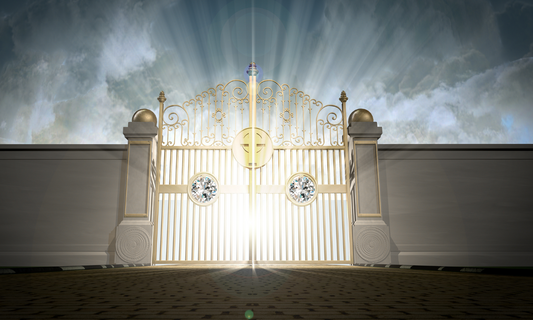 a closed gate with light shining beyond it