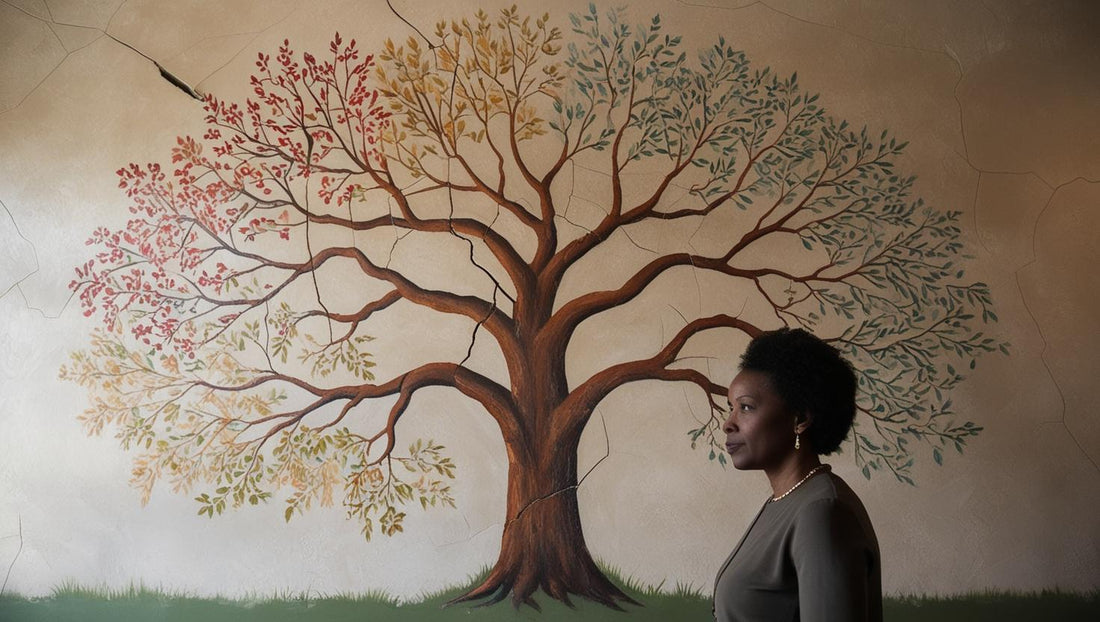 A family tree illustration with deep roots and imperfect, yet growing, branches.