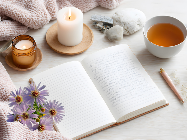 candle, cup of tea, open notebook with soft light—identity in Christ before obedience