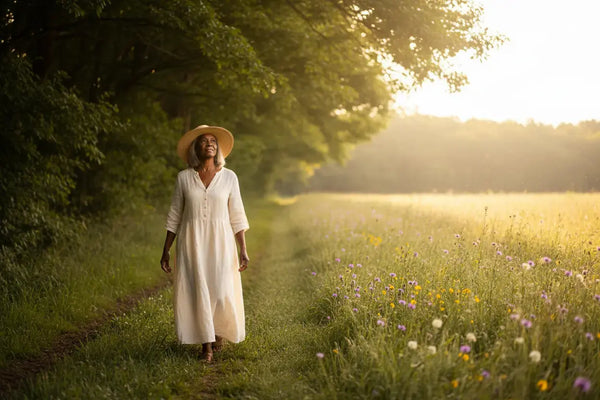 Woman walking from a shaded path into morning light
