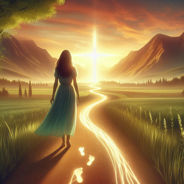 silhouette of a female walking towards a glowing cross