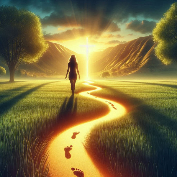 a silhouette of a person on a path bathe in sunlight with footsteps 