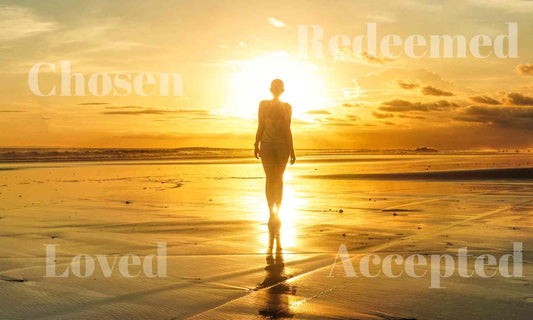 A silhouette of a person standing in sunlight with affirming words around them