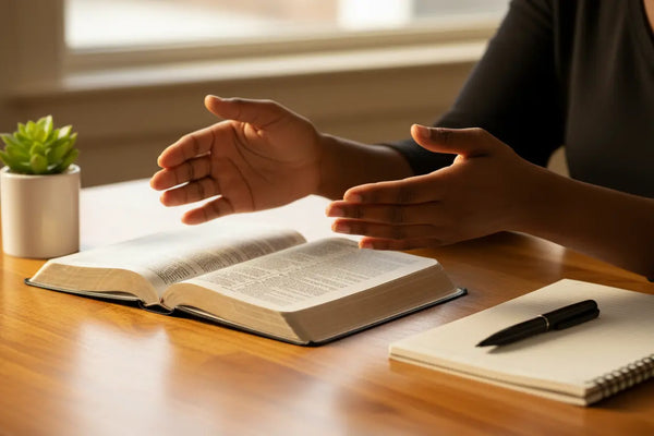 Open hands beside a Bible and journal, symbolizing recognizing and stewarding the gifts God has already given.