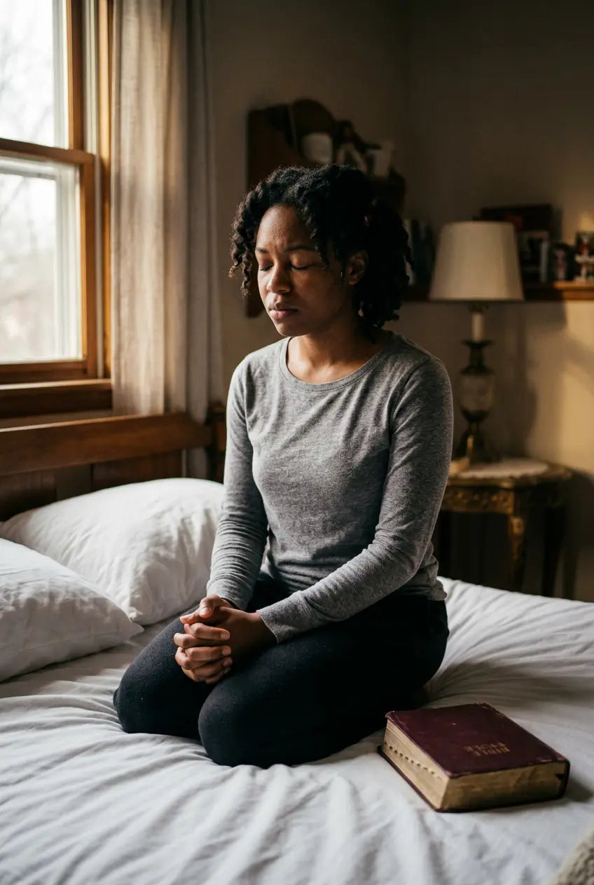 Woman sitting quietly in a dimly lit room, reflecting on faith and God's goodness during difficult circumstances.