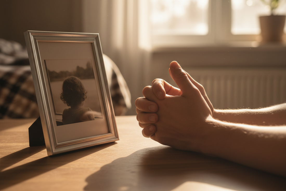 Hands in prayer beside a child’s photo (non-identifying) 