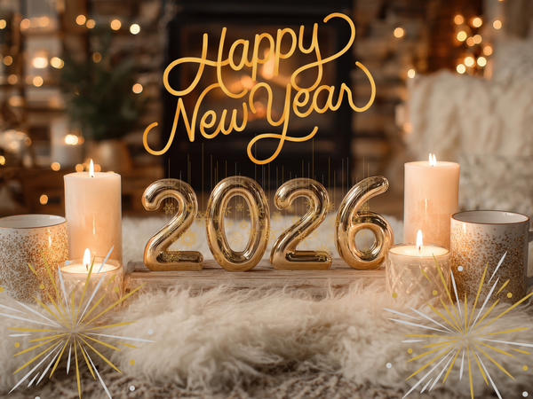 Candles burning, lights in background with Happy New Year 2026