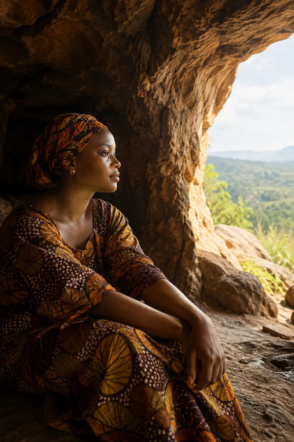 Woman sitting near the opening of a cave looking toward the light, representing trusting God when He feels silent.