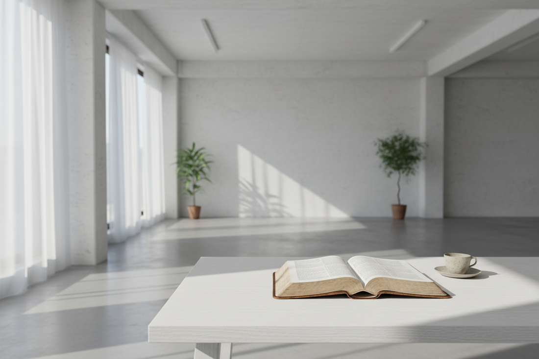 Open Bible on a calm table; light and spacious