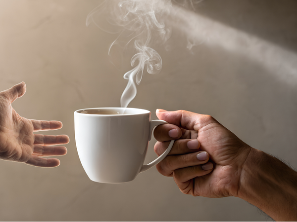 hands passing a warm mug—simple act of service