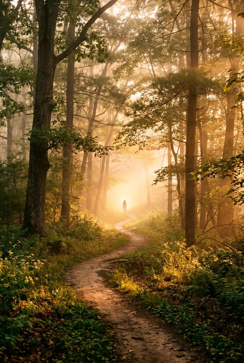 Winding wilderness pathway illuminated by morning light, symbolizing trusting God's guidance when the way ahead is uncertain.