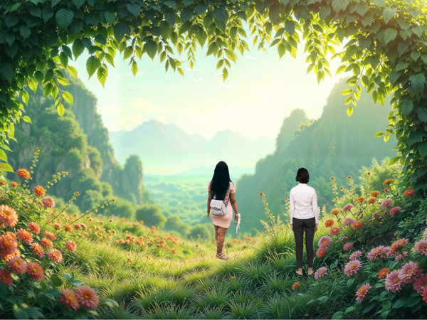 two women looking out towards the hills