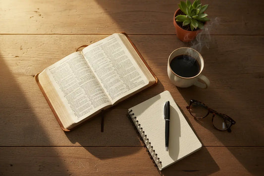 Open Bible and journal in morning light, representing discovering God's purpose through everyday faithfulness.