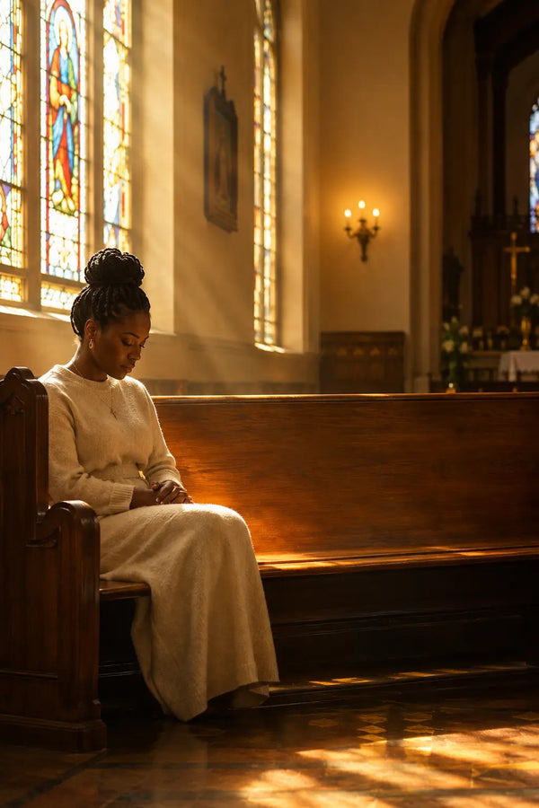 Woman sitting quietly in a church pew during a season of waiting