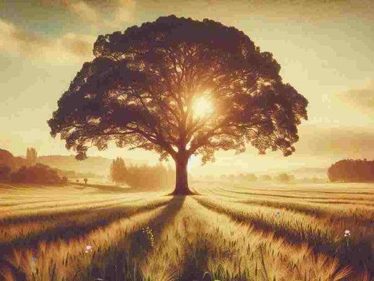 Tree bathed in golden sunlight