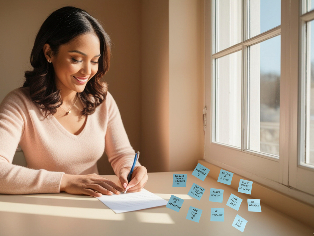 woman writing boundary phrases on a card—sunlit desk