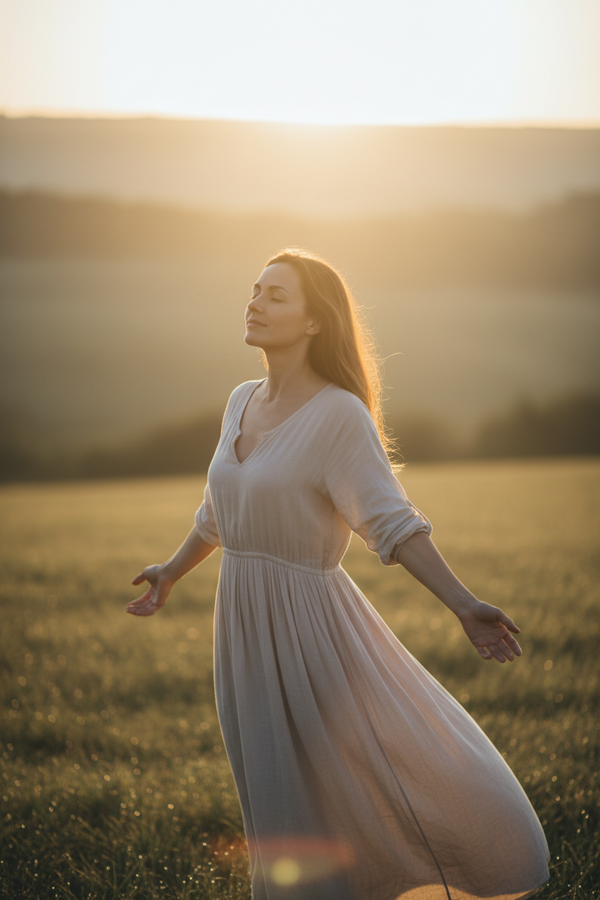 Woman standing peacefully in sunrise light representing strength with compassion