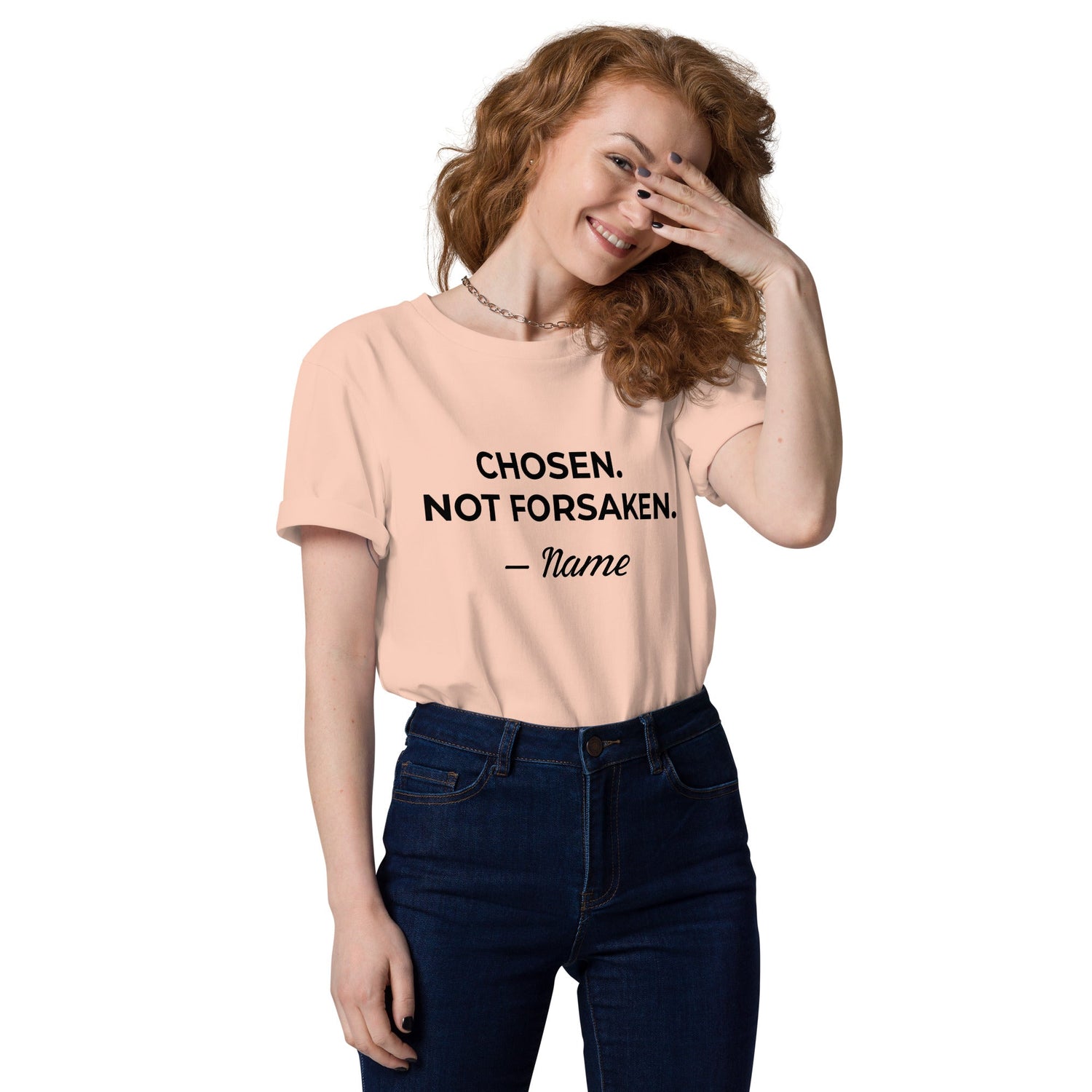 Woman wearing customizable T-shirt